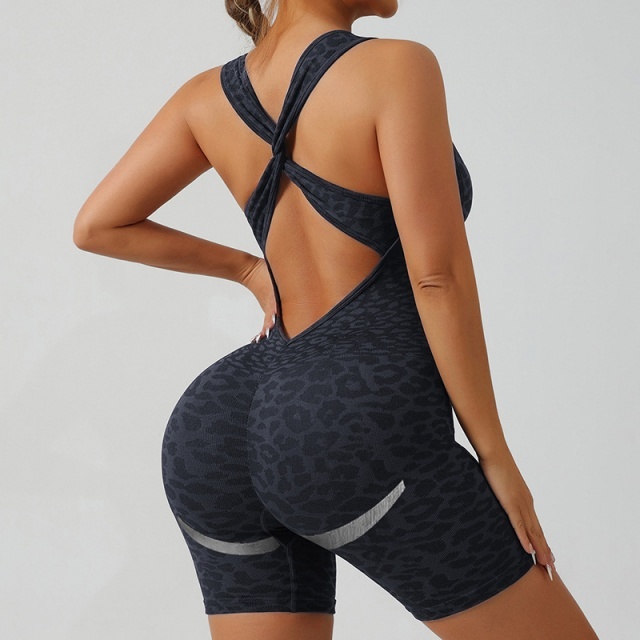 Leopard Printed Sports Yoga Fitted Romper