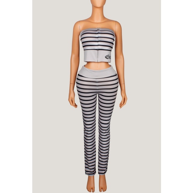 Off Shoulder Tube Top Striped Slim Fitted Pant Set