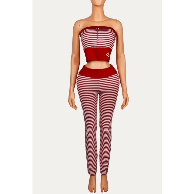 Off Shoulder Tube Top Striped Slim Fitted Pant Set