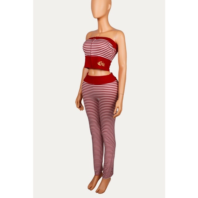 Off Shoulder Tube Top Striped Slim Fitted Pant Set