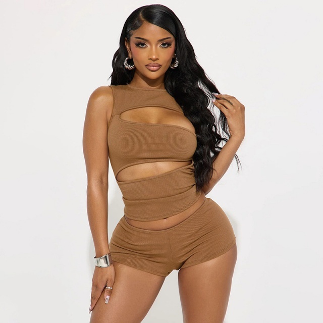 Cut Out Sleeveless Top Slim Fitted Short Set