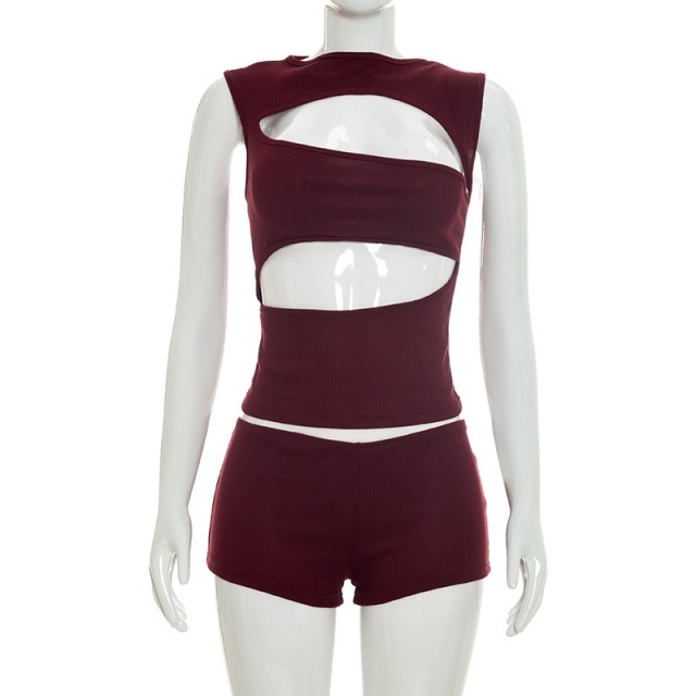 Cut Out Sleeveless Top Slim Fitted Short Set