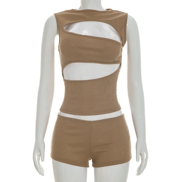 Cut Out Sleeveless Top Slim Fitted Short Set