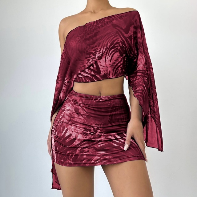 Off Shoulder Printed Cropped Top Mini Skirt Set