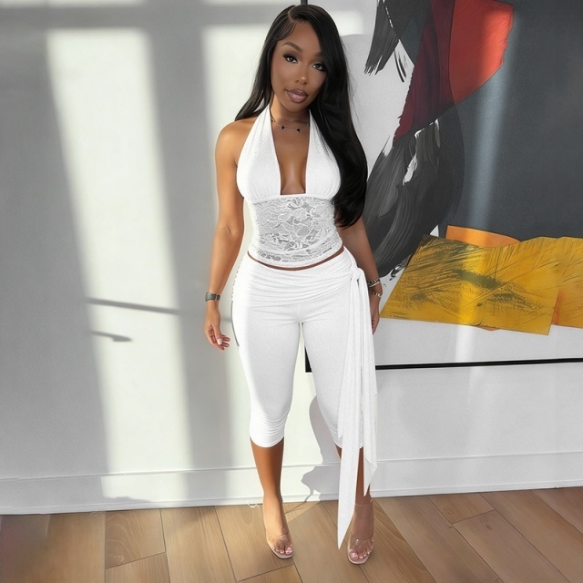 See Through Lace Halter Top Skinny Cropped Pant Set