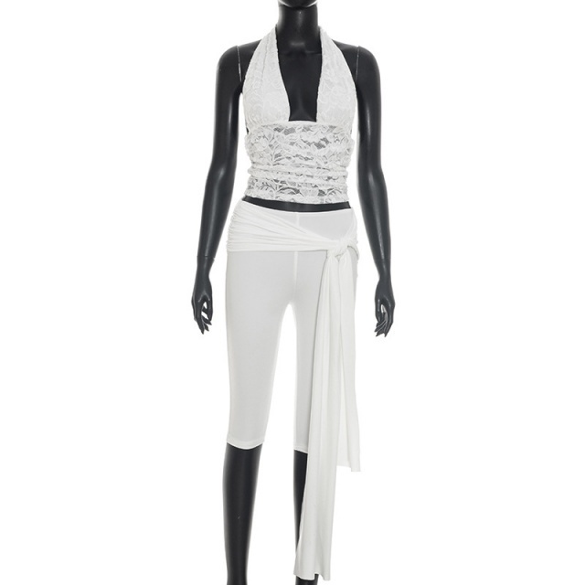 See Through Lace Halter Top Skinny Cropped Pant Set