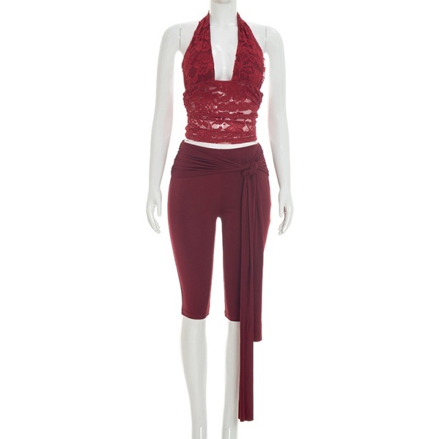 See Through Lace Halter Top Skinny Cropped Pant Set