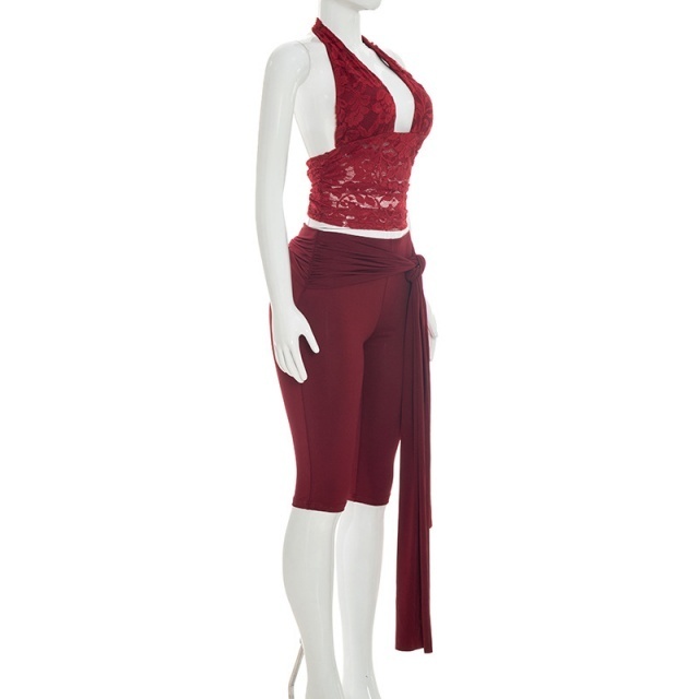 See Through Lace Halter Top Skinny Cropped Pant Set