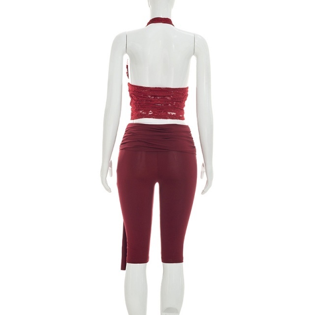 See Through Lace Halter Top Skinny Cropped Pant Set