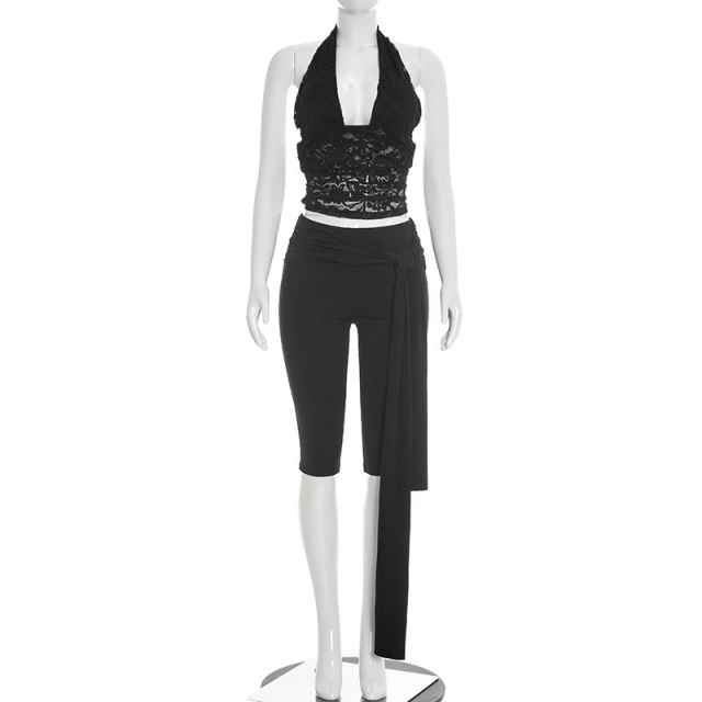 See Through Lace Halter Top Skinny Cropped Pant Set