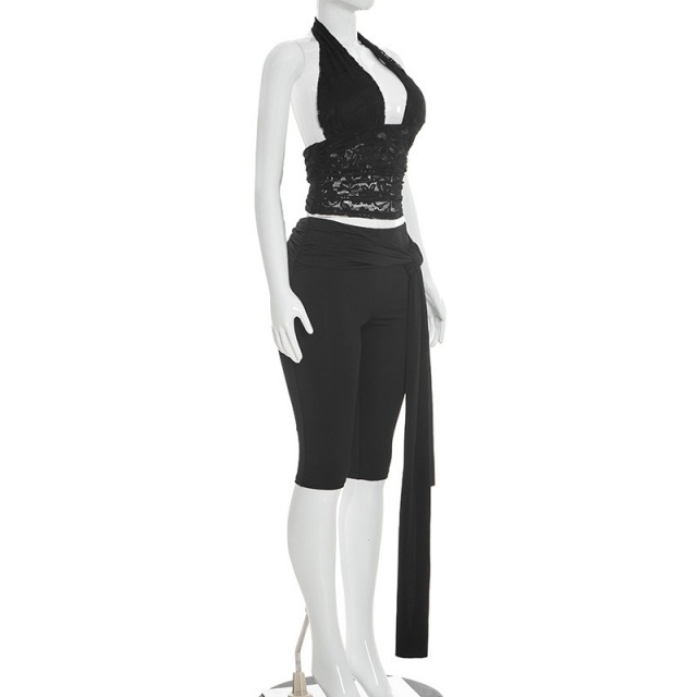 See Through Lace Halter Top Skinny Cropped Pant Set