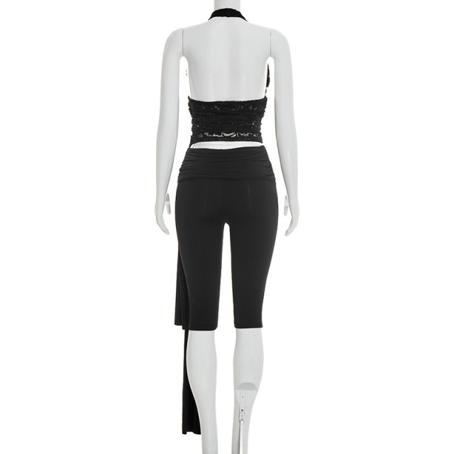 See Through Lace Halter Top Skinny Cropped Pant Set