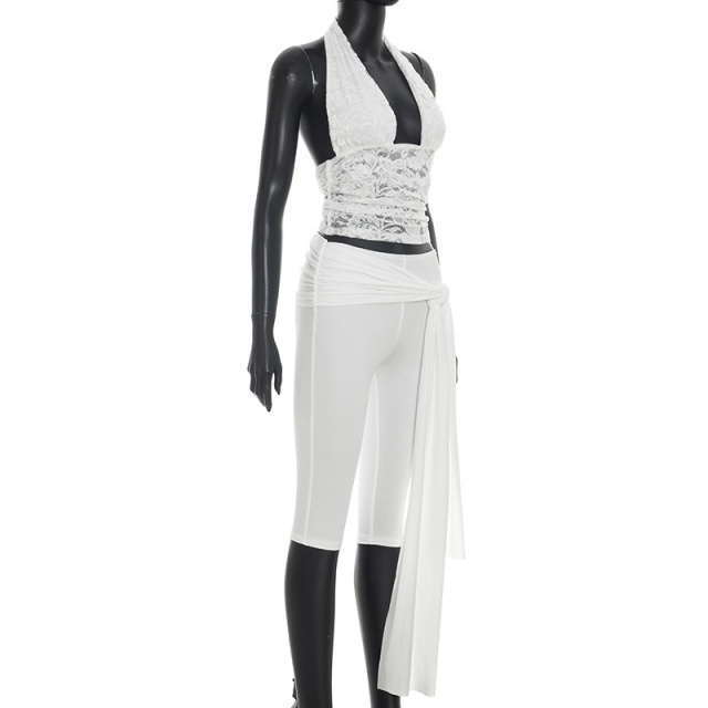 See Through Lace Halter Top Skinny Cropped Pant Set