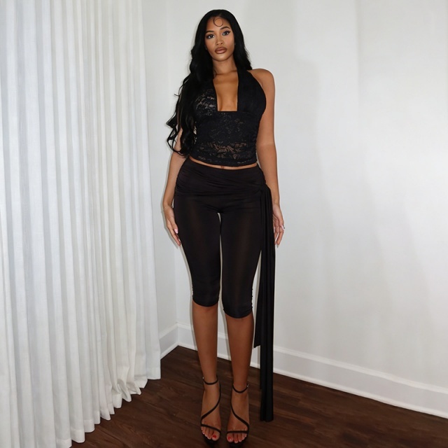 See Through Lace Halter Top Skinny Cropped Pant Set