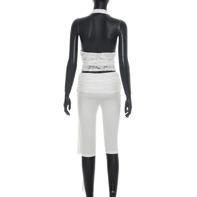 See Through Lace Halter Top Skinny Cropped Pant Set
