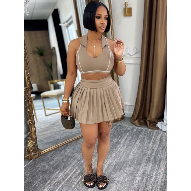 Sleeveless Cropped Top Pleated Mini Skirt Set