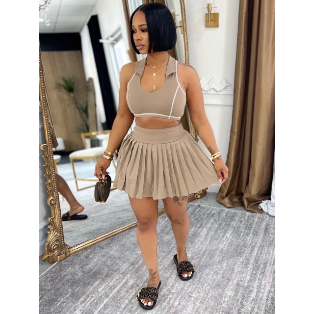 Sleeveless Cropped Top Pleated Mini Skirt Set