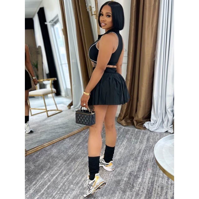 Sleeveless Cropped Top Pleated Mini Skirt Set