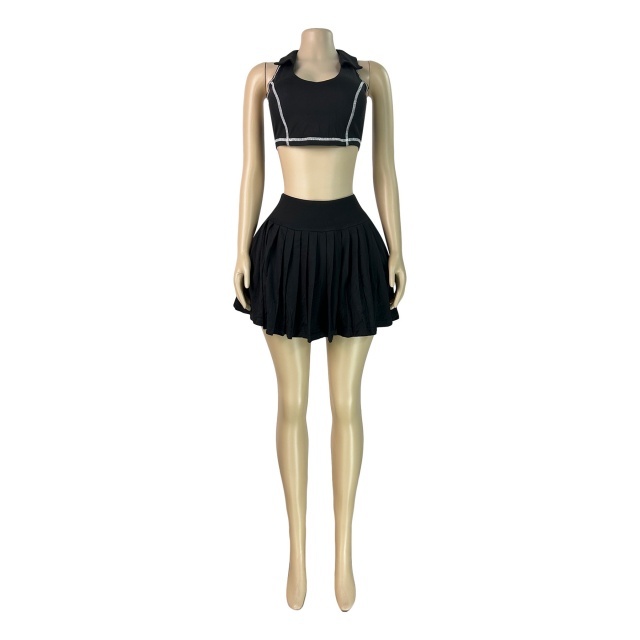 Sleeveless Cropped Top Pleated Mini Skirt Set