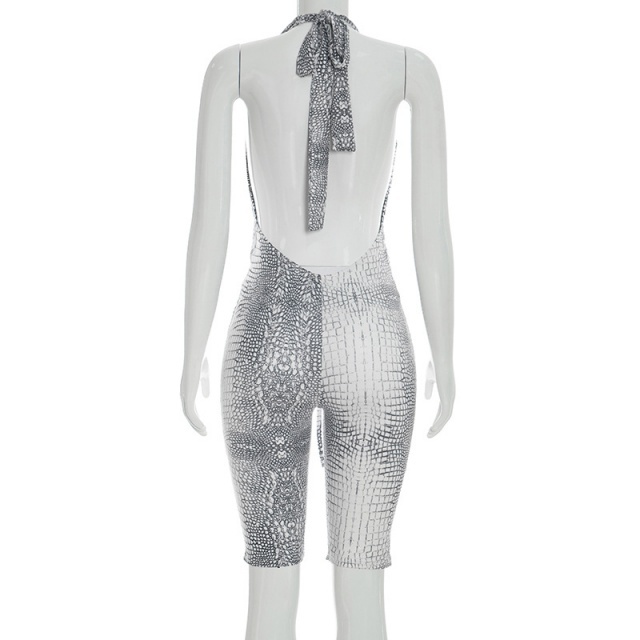 Snakeskin Printed Plunging V Neck Halter Fitted Jumpsuit