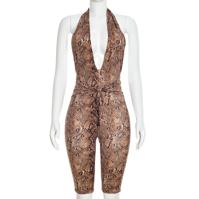 Snakeskin Printed Plunging V Neck Halter Fitted Jumpsuit