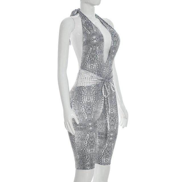 Snakeskin Printed Plunging V Neck Halter Fitted Jumpsuit