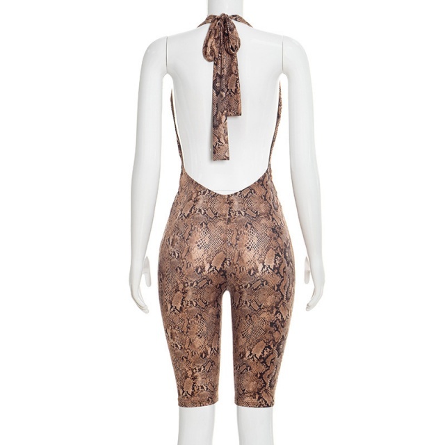 Snakeskin Printed Plunging V Neck Halter Fitted Jumpsuit