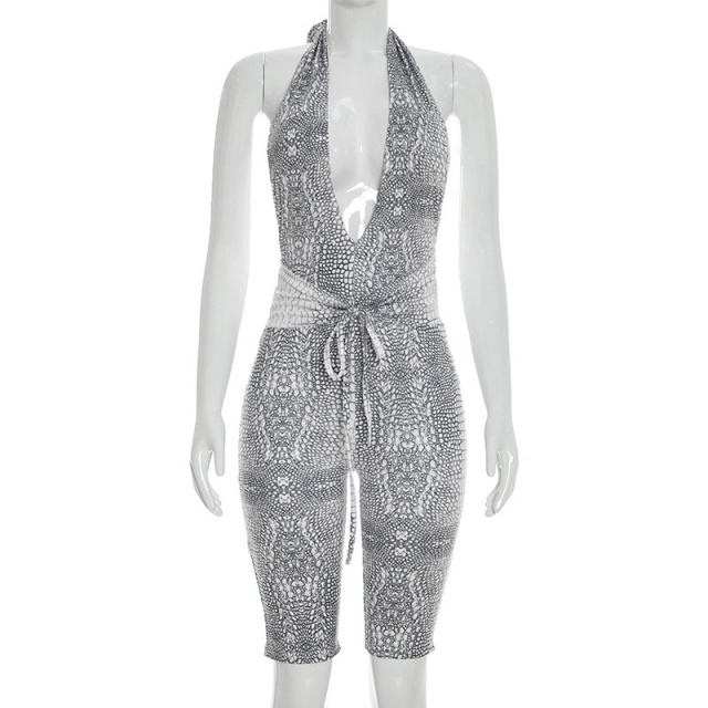 Snakeskin Printed Plunging V Neck Halter Fitted Jumpsuit