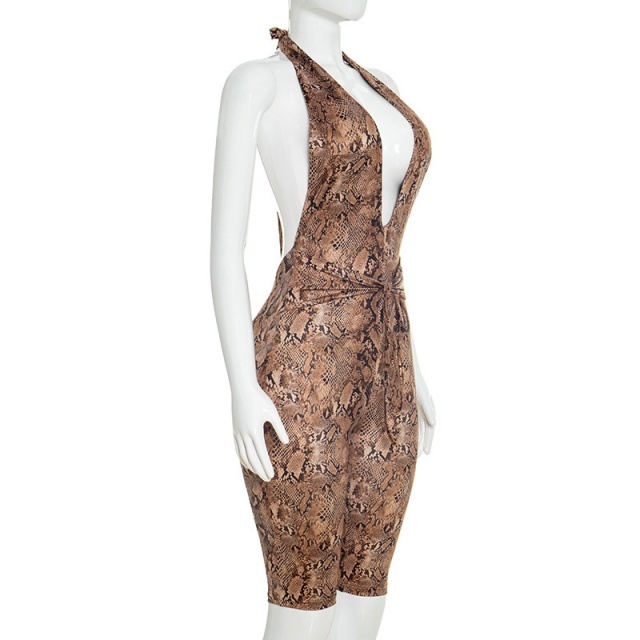 Snakeskin Printed Plunging V Neck Halter Fitted Jumpsuit