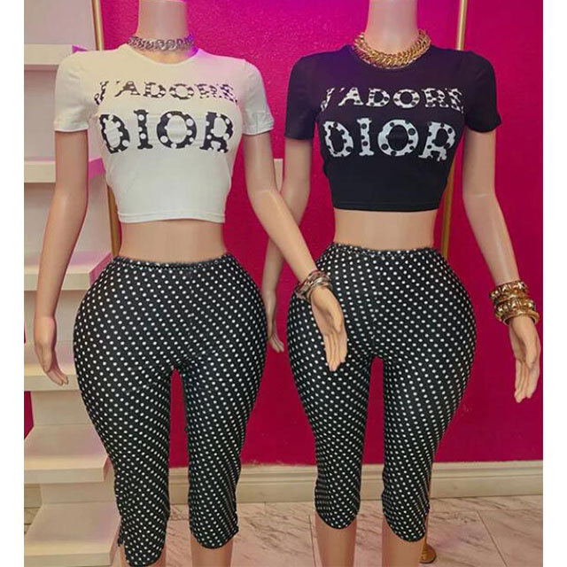 Letters Crop Top Polka Dots Midi Pant Set