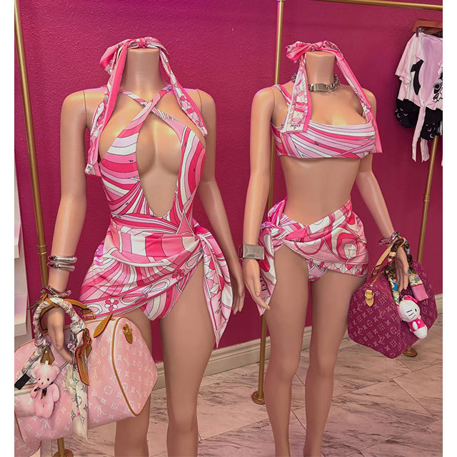Beachwear Pink Tankinis Bikinis Set with Scarf
