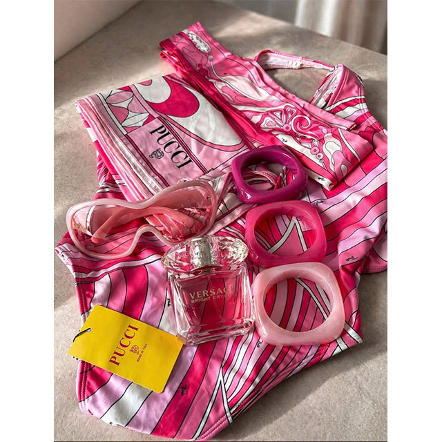 Pink Printed One Piece Swimsuit Scarf Set