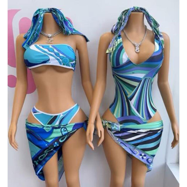 Contrast Printed V Neck One Piece Swimwear Scarf Set