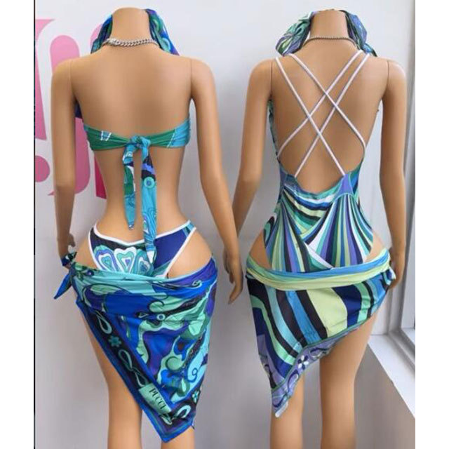 Contrast Printed V Neck One Piece Swimwear Scarf Set