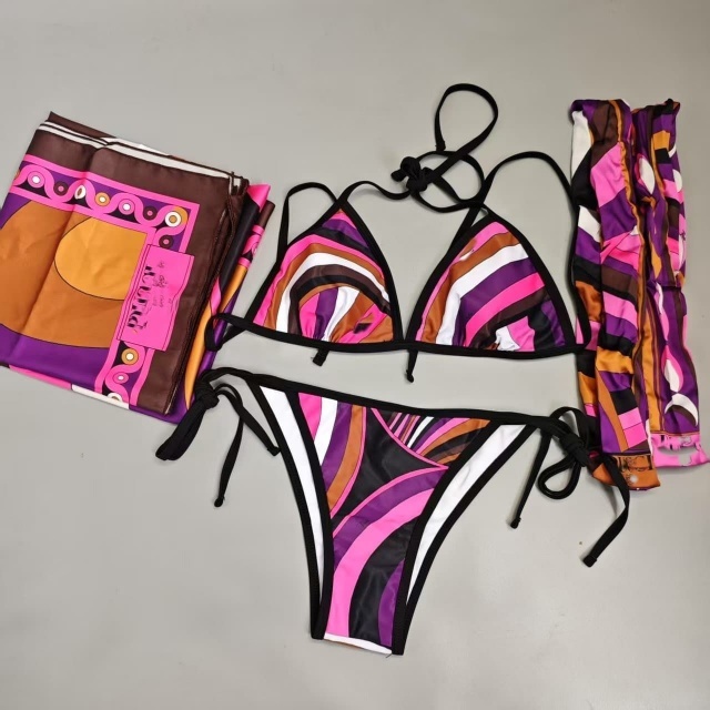 Purple Split Bikinis Set Swimwear with Headscarf