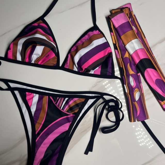 Purple Split Bikinis Set Swimwear with Headscarf