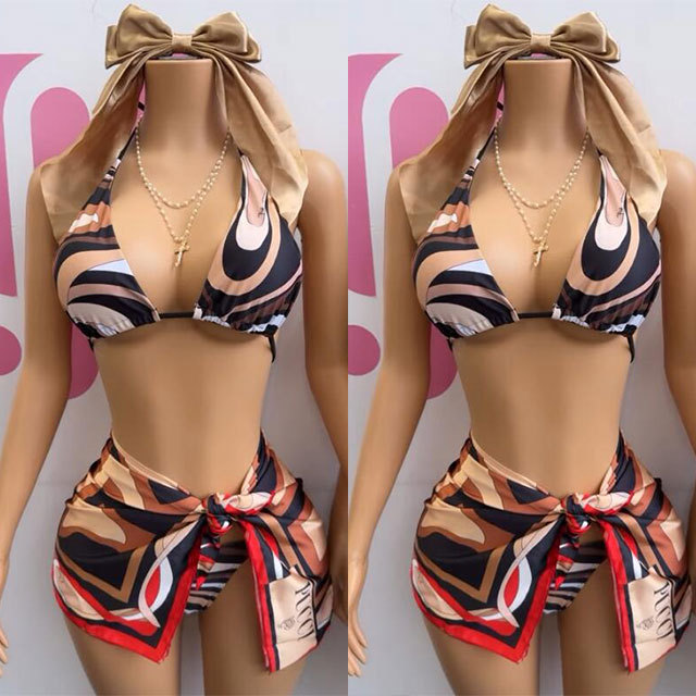 Printed Laced-up Bikinis Set with Scarf