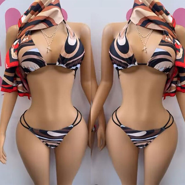 Printed Laced-up Bikinis Set with Scarf