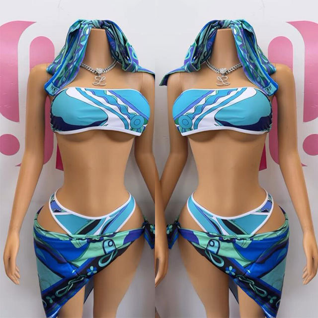 Printed Tube Top Swimwear Set with Scarf