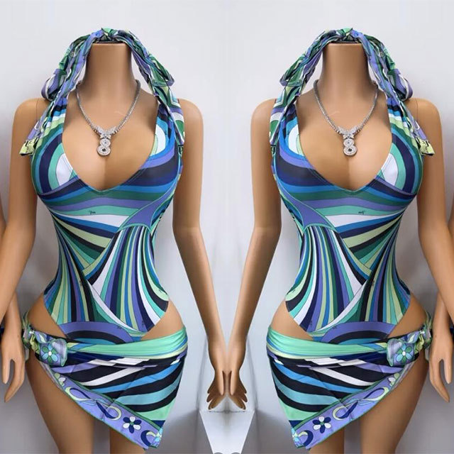 Contrast Printed V Neck One Piece Swimwear Scarf Set