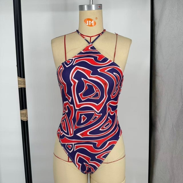 Colorblock Halter Neck One Piece Swimwear Scarf Set