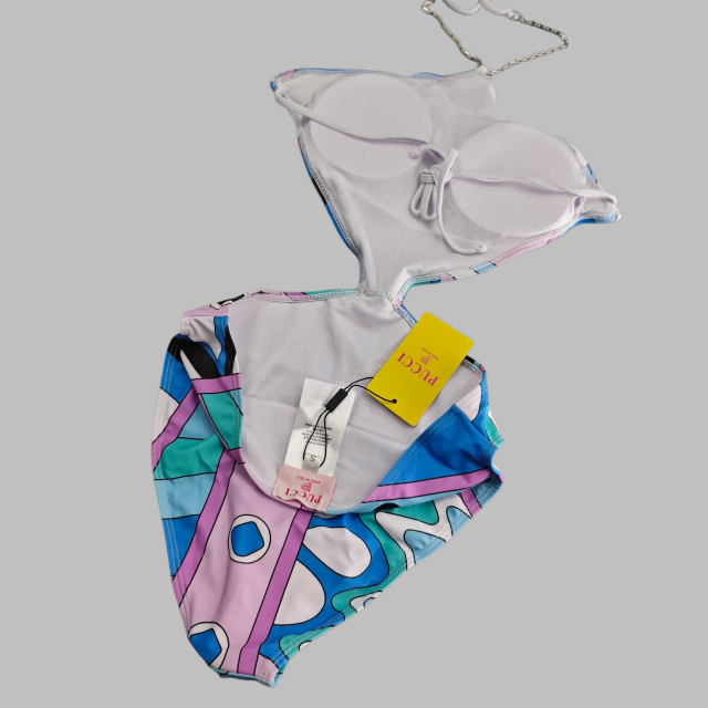 Colorblock Printed Halter One Pieces Swimsuit with Scarf
