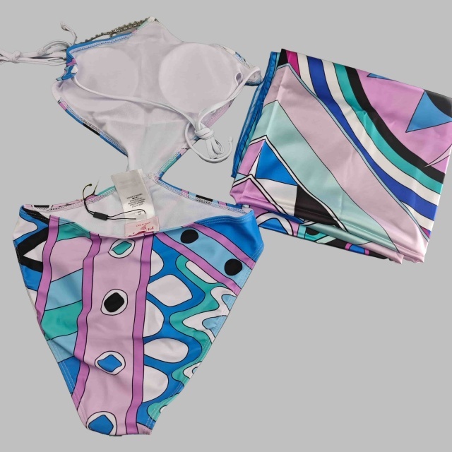 Colorblock Printed Halter One Pieces Swimsuit with Scarf