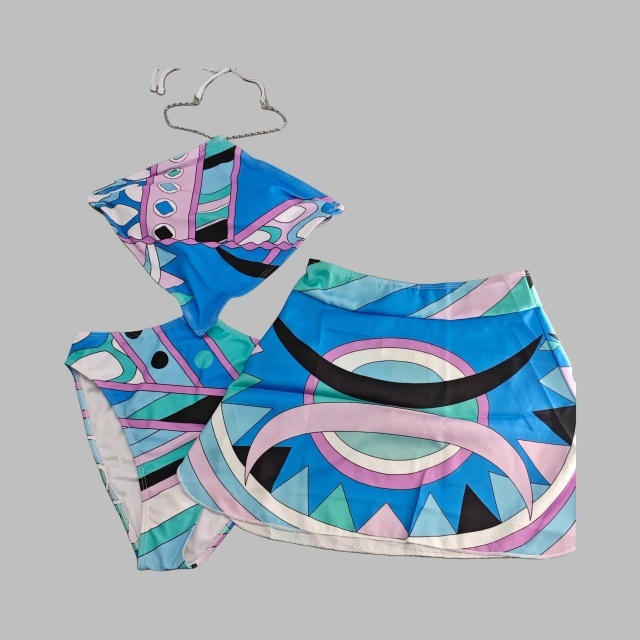Colorblock Printed Halter One Pieces Swimsuit with Scarf