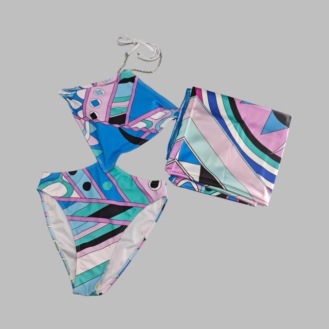 Colorblock Printed Halter One Pieces Swimsuit with Scarf