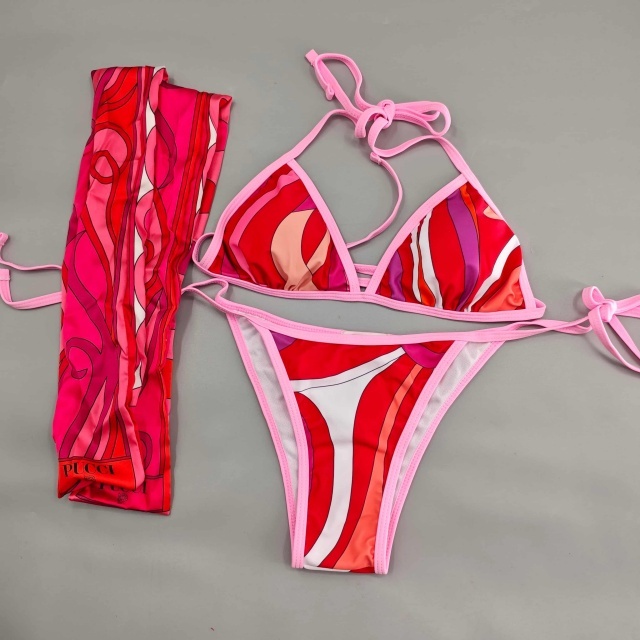 Contrast Color Printed Bikinis Scarf Set