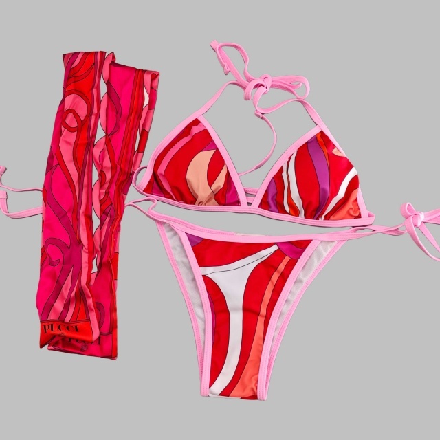 Contrast Color Printed Bikinis Scarf Set