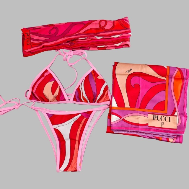 Contrast Color Printed Bikinis Scarf Set