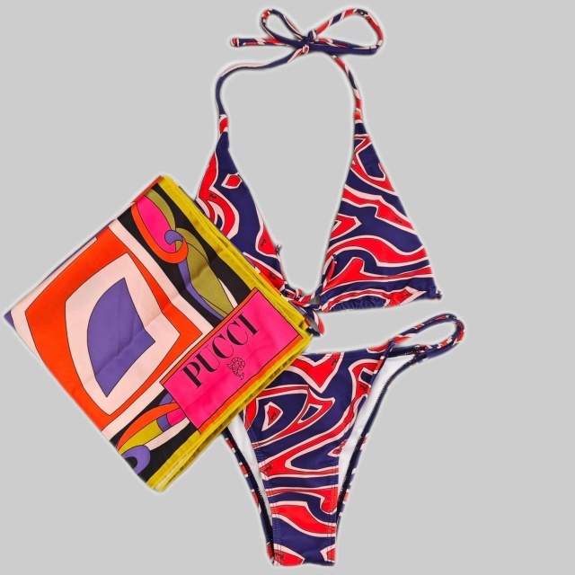 Contrast Color Printed Bikinis Set with Scarf