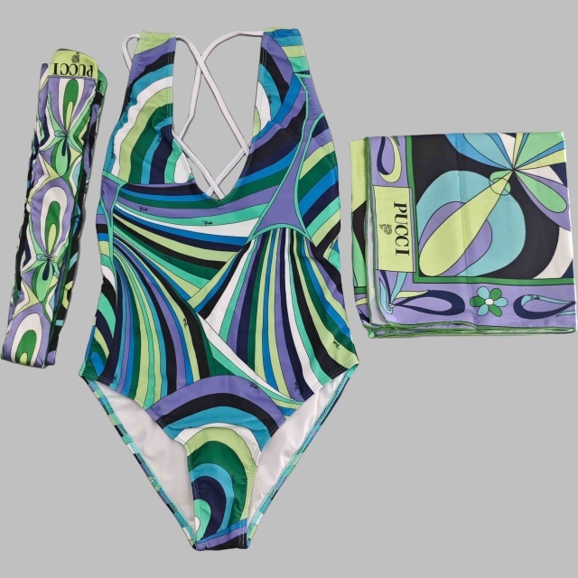 Contrast Printed V Neck One Piece Swimwear Scarf Set